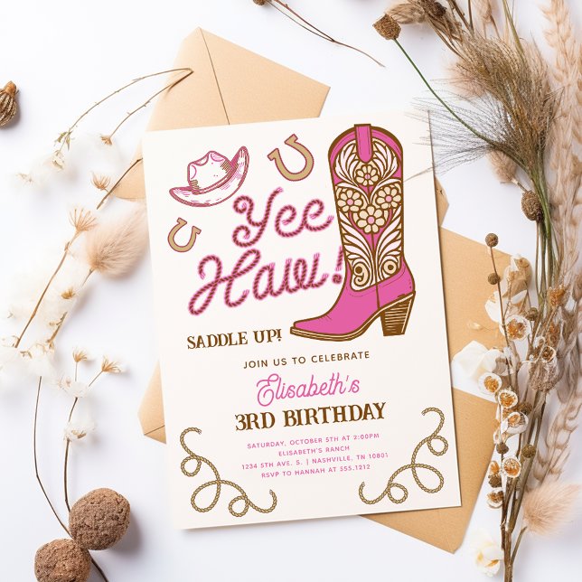 Invitation Botte de cowboy rose Yee Haw Rodéo fille Anniversa (Pink Cowboy Boot Yee Haw Girly Rodeo Birthday Invitation)