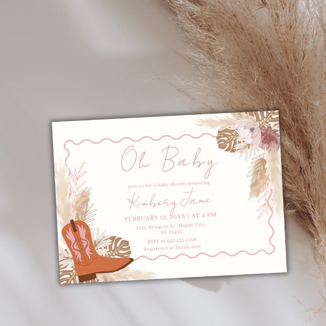 Invitation Botte de cowgirl rose Boho Pampas Baby shower en h (Pink Boho Cowgirl Boots Pampas Grass Baby Shower Invitation)