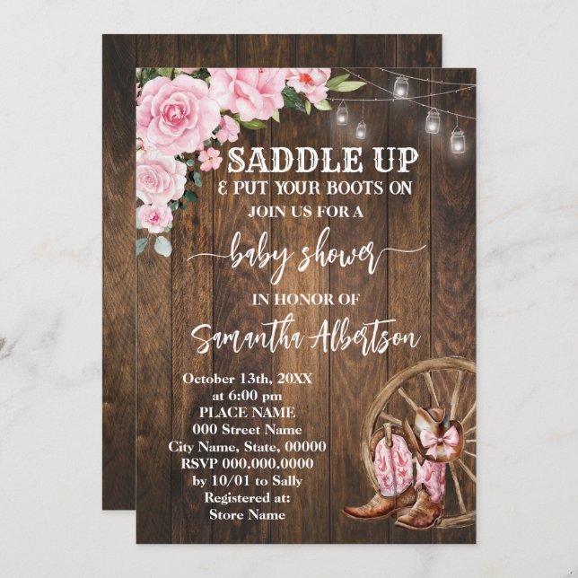 Invitation Botte de pays de Baby shower rose occidental (Devant / Derrière)