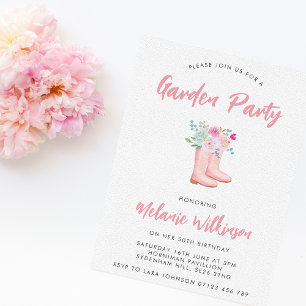 Invitation Botte de pluie rose & Fleurs Jardin Fête Anniversa