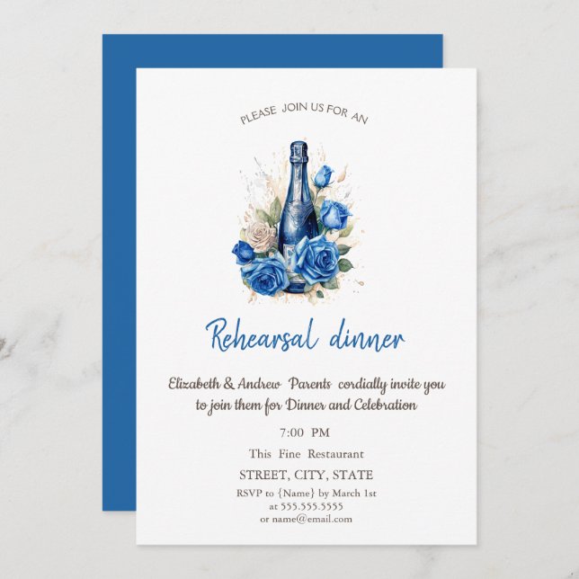 Invitation Botte de vin Bleu Dîner de répétition Rose (Devant / Derrière)