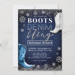 Invitation Botte Denim Bling Cadre de neige Bleu Noël