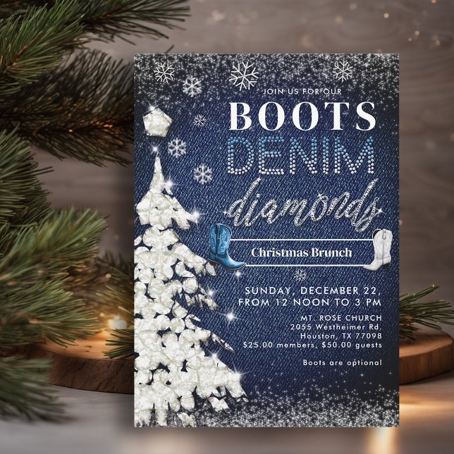 Invitation Botte Denim Diamonds Blue Christmas Church Party (denim diamonds christmas party white tree bling rhinestones glitter country western boots)