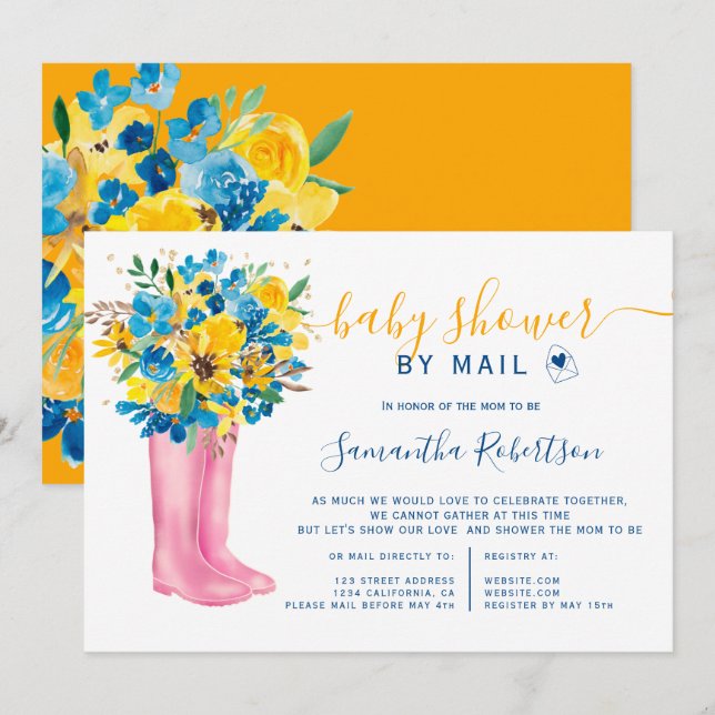 Invitation Botte florale bleu baby shower aquarelle par la po (Devant / Derrière)