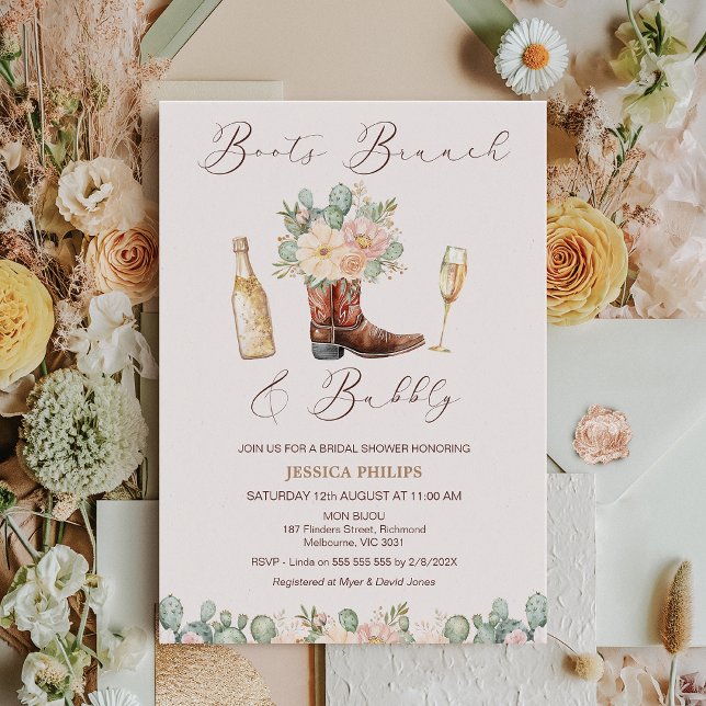 Invitation Botte florale Brunch Fête des mariées bulle (Boots Brunch and Bubbly Bridal Shower invitation Template, Champagne Bottle Brunch Bridal Shower )