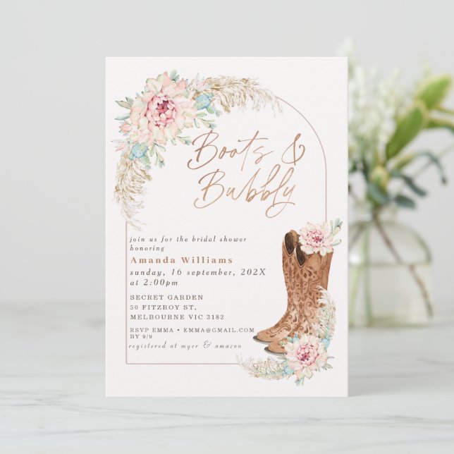 Invitation Botte rose Boho et Fête des mariées mousseuse (Debout devant)