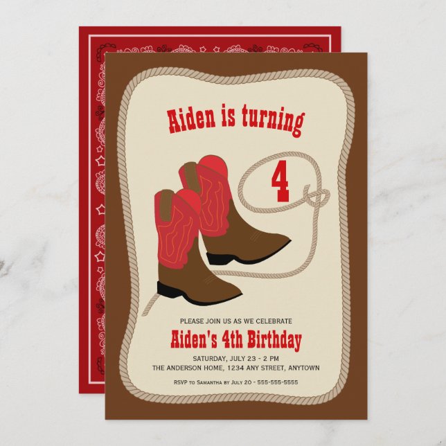 Invitation Botte rouge Cowboy | Boys Western Birthday Party (Devant / Derrière)