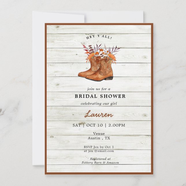 Invitation Botte rustique Cowboy douche nuptiale (Devant)