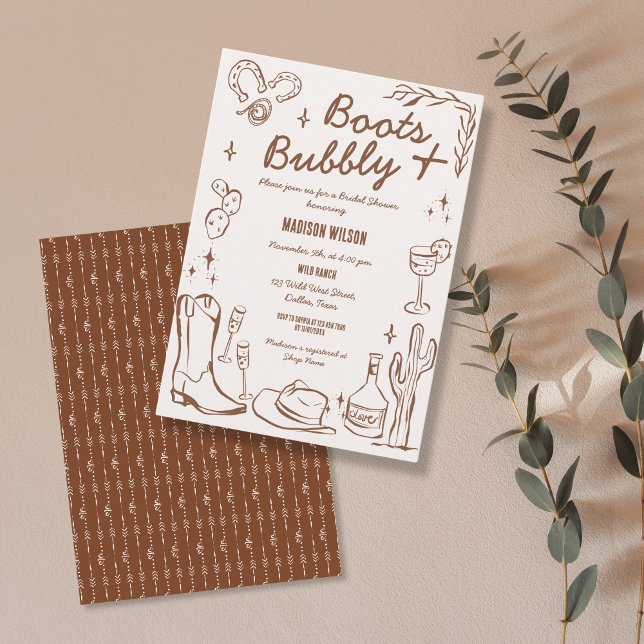 Invitation Bottes à main fantaisie et bubbly Western (hand drawn wild west doodle bridal shower invitation in terracotta color)