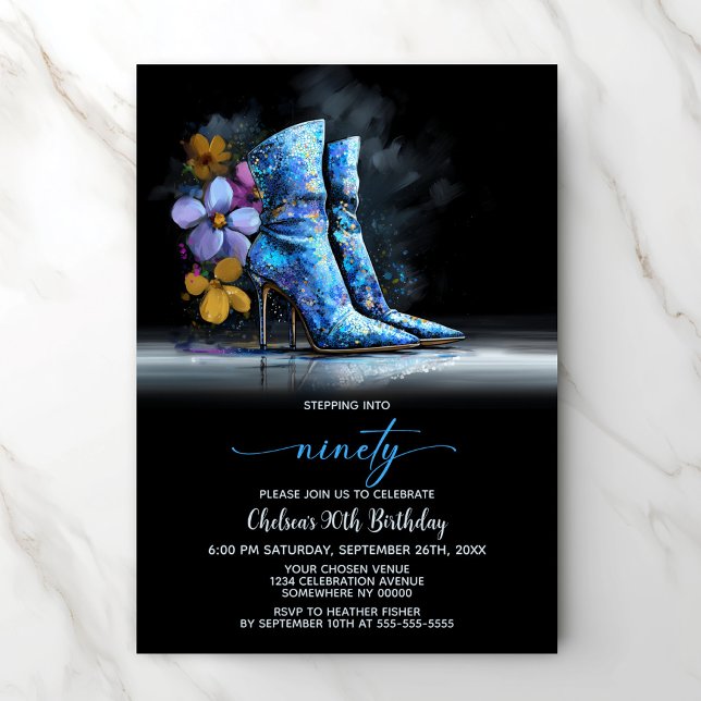 Invitation Bottes à paillettes bleues Fête des 90 ans (Créateur téléchargé)