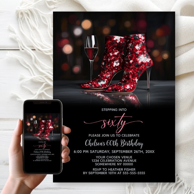 Invitation Bottes à paillettes rouges Fête des 60 ans (Créateur téléchargé)