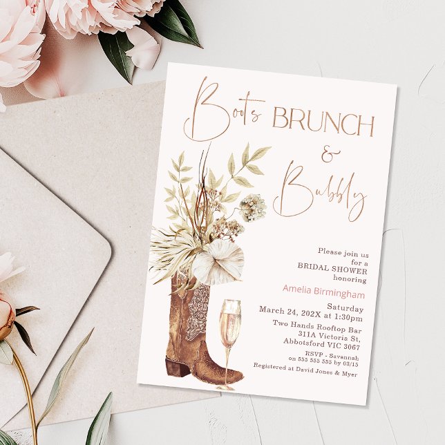 Invitation Bottes beiges florales Brunch Fête des mariées mou (Boho Beige Boot Brunch Bridal Shower Invitation Template, Floral Cowgirl Boot Bridal Shower Invite)