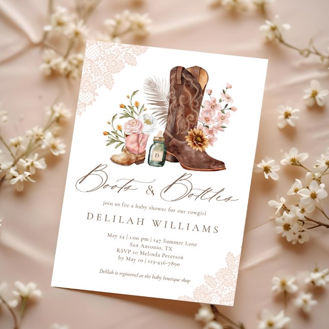 Invitation Bottes & Bouteilles Baby shower Occidental Pink Co (Boots & Bottles Pink Cowgirl Western Baby Shower Invitation)