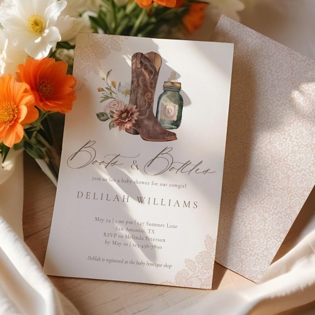 Invitation Bottes & Bouteilles Chic Cowgirl Baby shower occid (Boots & Bottles Chic Cowgirl Western Baby Shower Invitation)