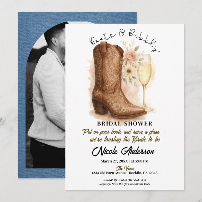 Invitation Bottes & Bubbly Country Western Boot Shower de Mar (Devant / Derrière)