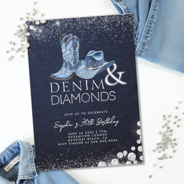Invitation Bottes Casquettes Denim Diamonds Cowgirl 30e anniv (denim and diamonds 30th birthday party invitation blue white cowgirl hat boots bling sparkles)