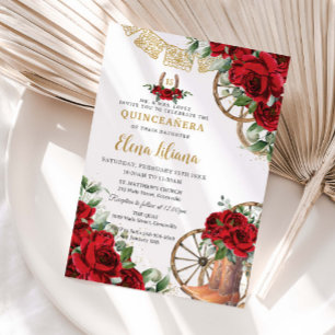 Invitation Bottes Charro Fleuries Roses Rouges Douce 16 Quinc