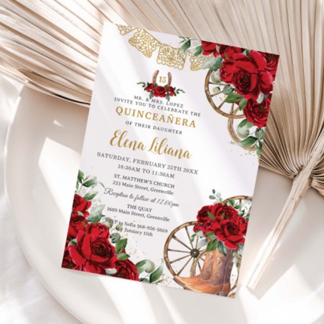 Invitation Bottes Charro Fleuries Roses Rouges Douce 16 Quinc (Créateur téléchargé)