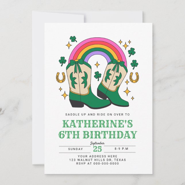 Invitation Bottes Cowboy avec arc-en-ciel et Shamrock Anniver (Devant)