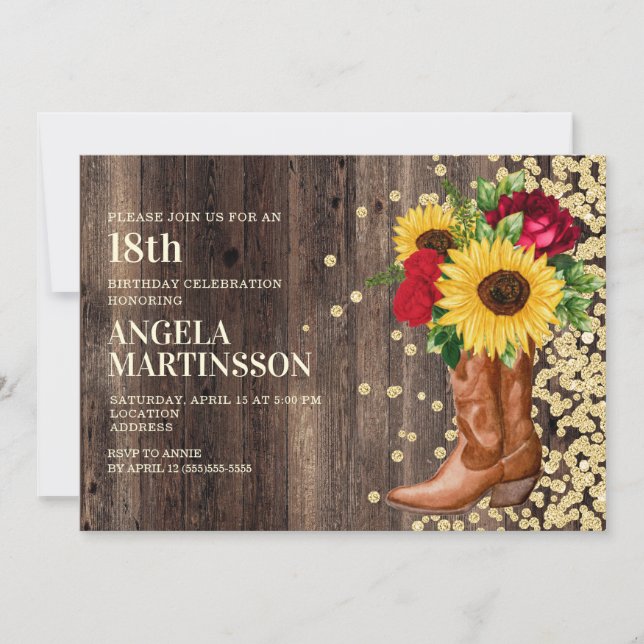 Invitation Bottes de bois rustiques pour 18 ans Fleur de sole (Devant)