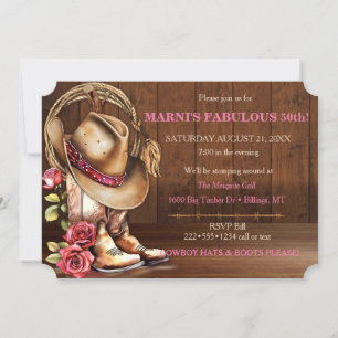 Invitation Bottes de chapeau de cowboy féminin Roses Bois Wes