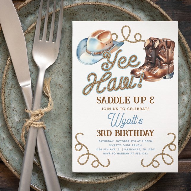 Invitation Bottes de cow-boy adorables bleu Yee Haw Anniversa (Cute Cowboy Boots Blue Yee Haw Rodeo Birthday Invitation)