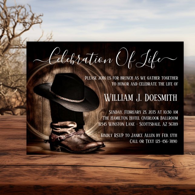 Invitation Bottes de cow-boy Chapeau de cow-boy Service funèb (Rustic cowboy memorial or funeral notice. )