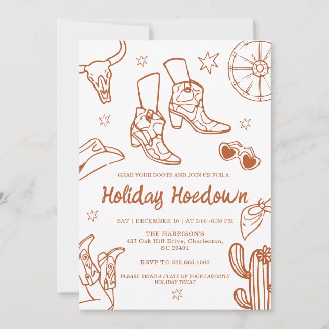 Invitation Bottes de cow-boy dessinées à la main Fête de Noël (Devant)