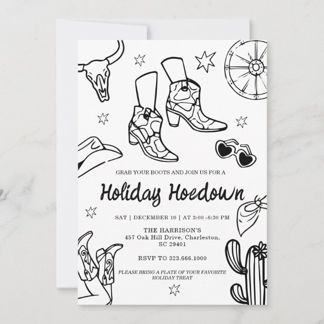 Invitation Bottes de cow-boy dessinées à la main Fête de Noël (Devant)