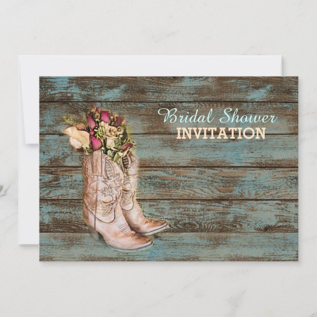 Invitation bottes de cow-boy en bois de grange douche nuptial (Devant)