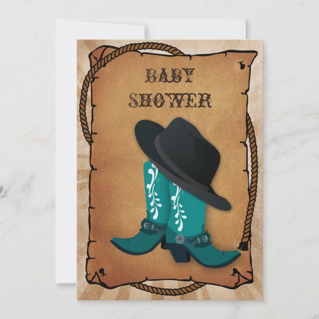 Invitation bottes de cowboy bleu Baby shower occidental (Devant)
