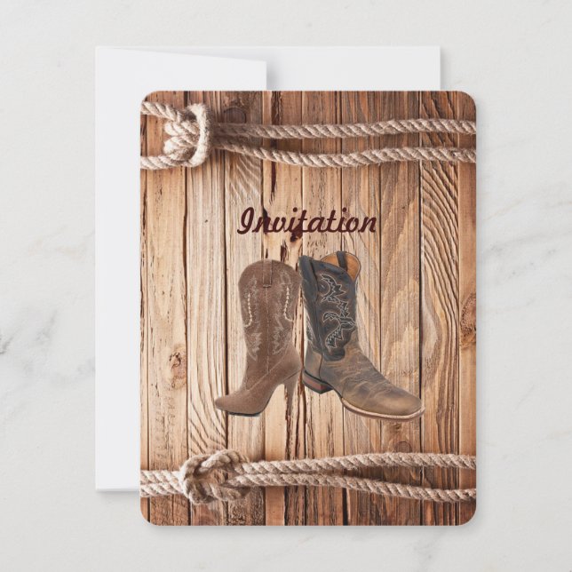 Invitation Bottes de cowboy en bois de grange mariage country (Devant)