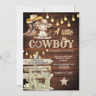 Invitation Bottes de cowboy en bois et Baby Shower au cactus