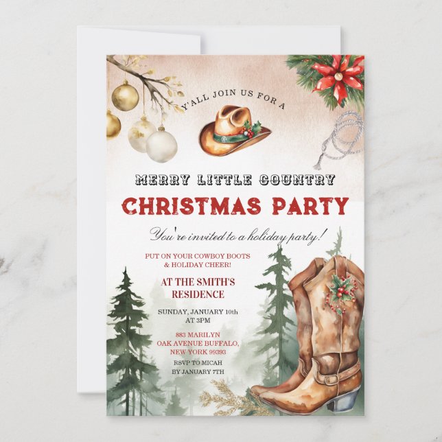 Invitation Bottes de Cowboy Joyeuse Petite Fête de Noël de Ca (Devant)