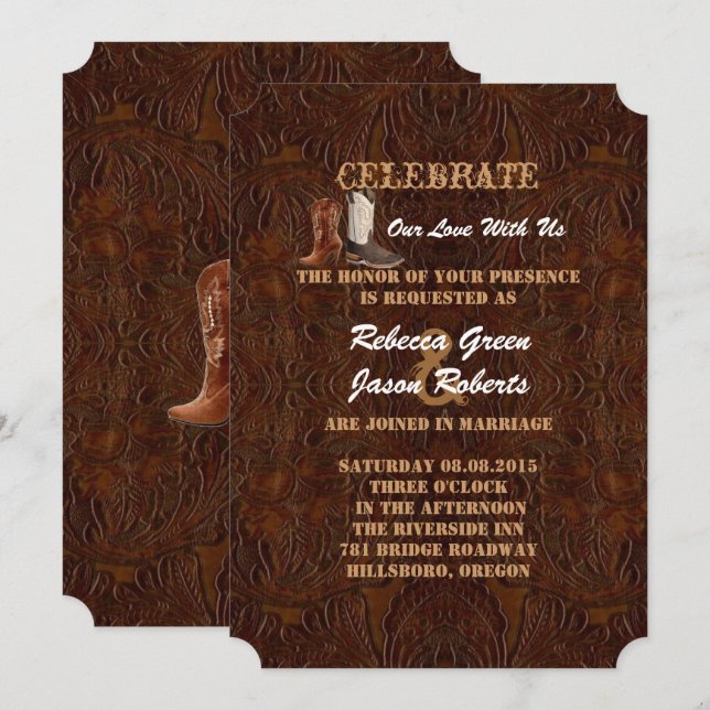 Invitation bottes de cowboy modernes en cuir marron pour mari (Devant / Derrière)