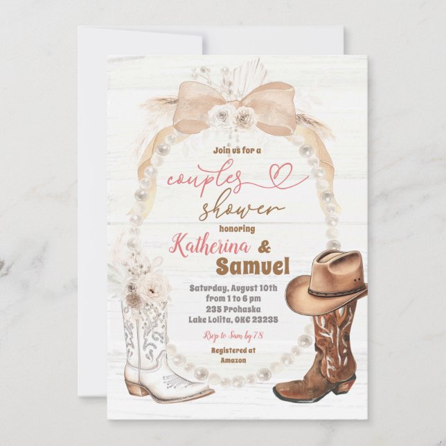 Invitation Bottes de cowboy perle ivoire beige Couples Shower (Devant)