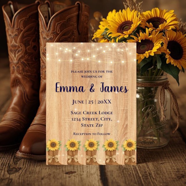 Invitation Bottes de cowboy rustiques en bois de tournesol Ma (Rustic sunflower cowboy boots wedding invite—perfect for country barn and western-themed weddings.)