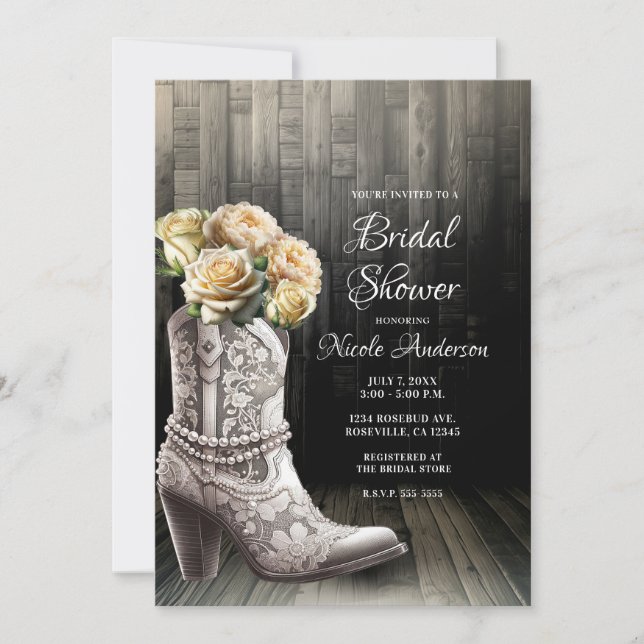 Invitation Bottes de cowgirl à lacets et fleurs blanches mari (Devant)