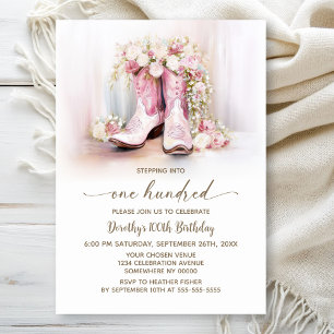 Invitation Bottes de cowgirl florales roses pour 100e anniver