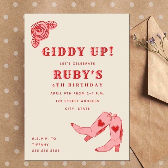 Invitation Bottes de cowgirl rose Giddy Up pour anniversaire (Créateur téléchargé)