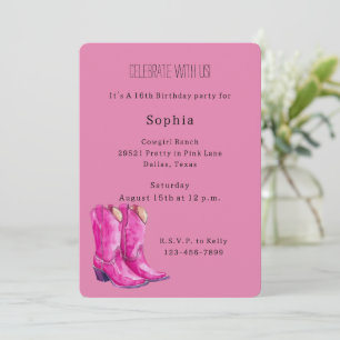 Invitation Bottes de cowgirl rose noir blanc imprimé vache an