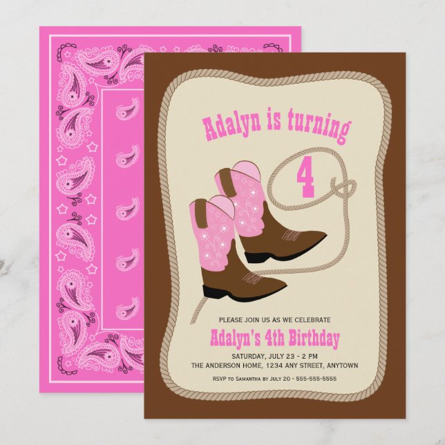 Invitation Bottes de cowgirl roses | Fête d'anniversaire de l (Devant / Derrière)