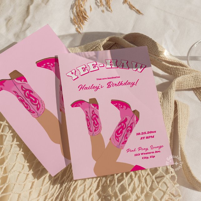 Invitation Bottes de Cowgirl Yee-Haw Anniversaire (pink cowgirl yee-haw birthday invite)