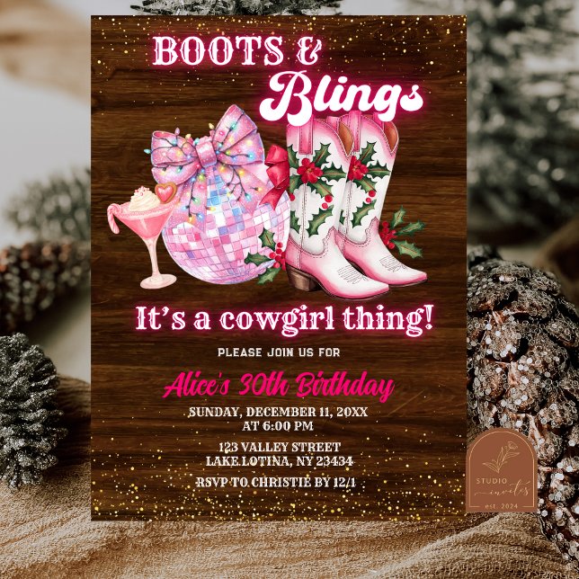 Invitation Bottes de Noël d'hiver rose et anniversaire de pai (Créateur téléchargé)