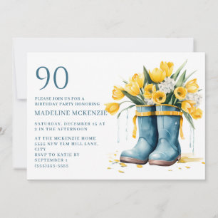 Invitation Bottes de pluie bleues Tulipes jaunes 90e annivers