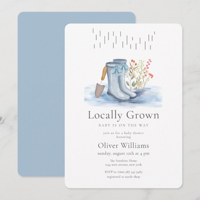 Invitation Bottes de pluie Blue Bloom Flower Garden pour bébé (Devant / Derrière)