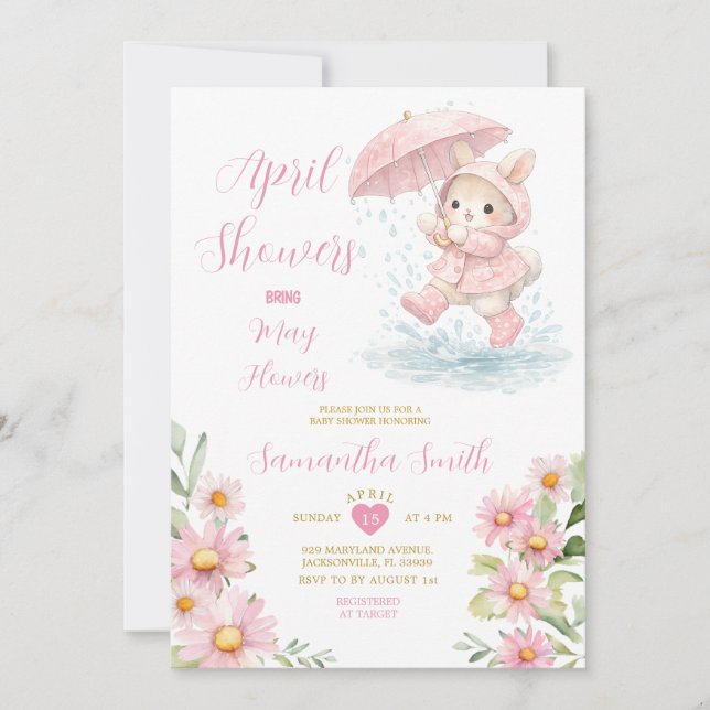 Invitation Bottes de pluie de lapin de printemps Fleurs roses (Devant)