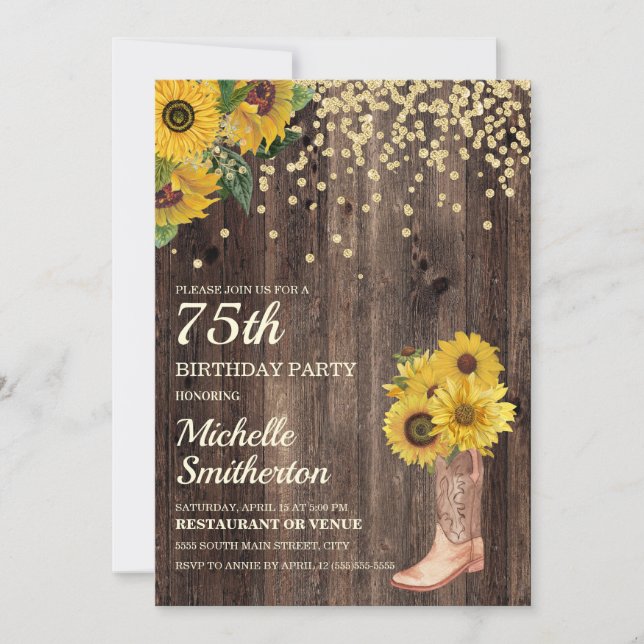 Invitation Bottes de soleil rustiques Paillettes 75e annivers (Devant)