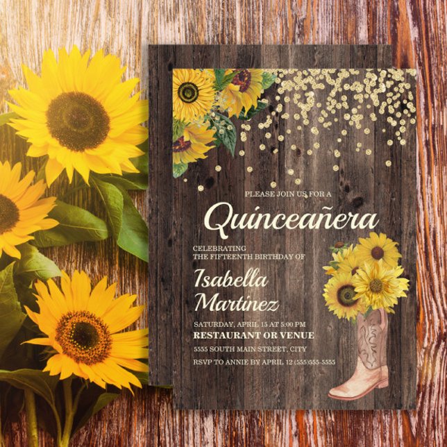 Invitation Bottes de soleil rustiques Paillettes Quinceañera  (Sunflowers, cowgirl boots, and rustic wood Quinceanera birthday party invitation)