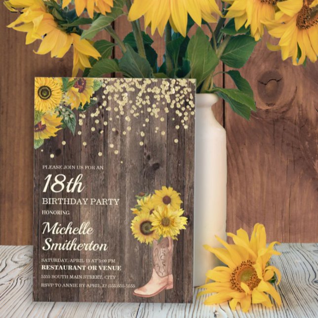 Invitation Bottes de tournesol rustiques Paillettes 18e anniv (Créateur téléchargé)